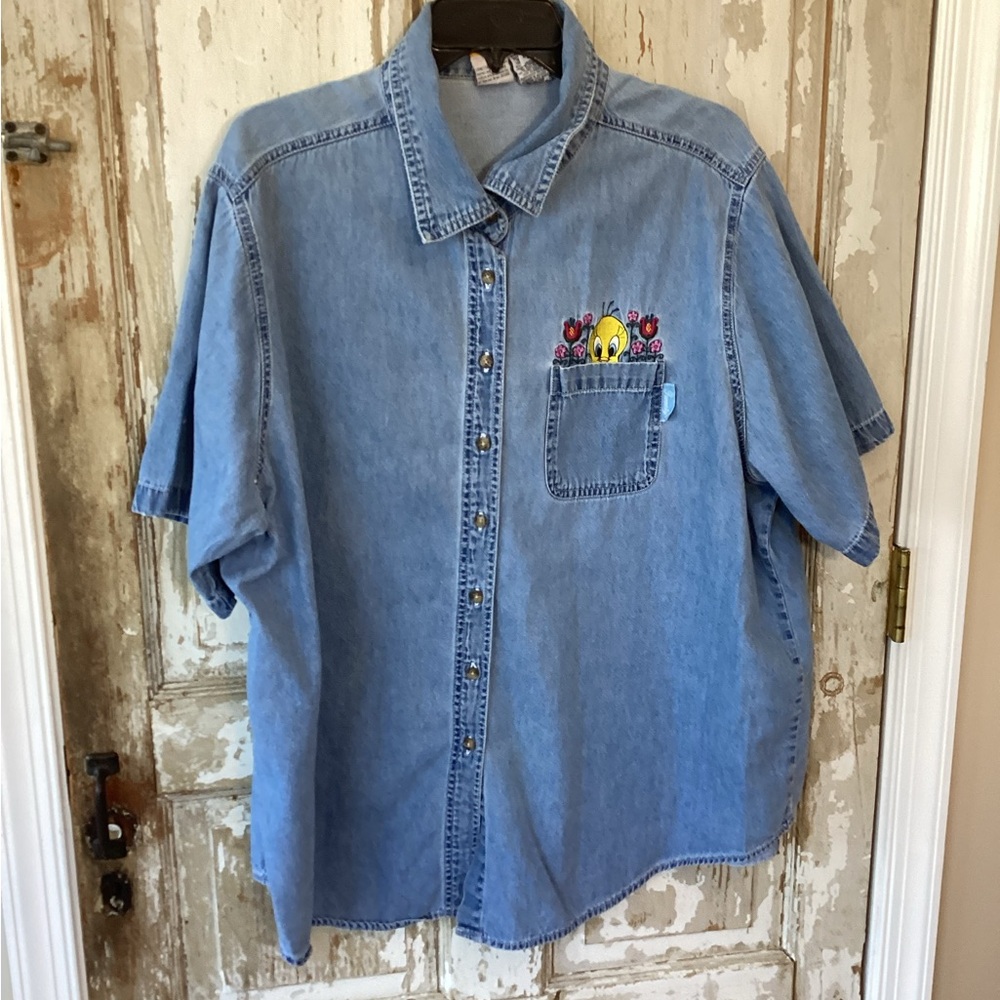 Warner Bros. Light Blue Denim Shirt with Embroidered Tweety on Pocket - 22/24